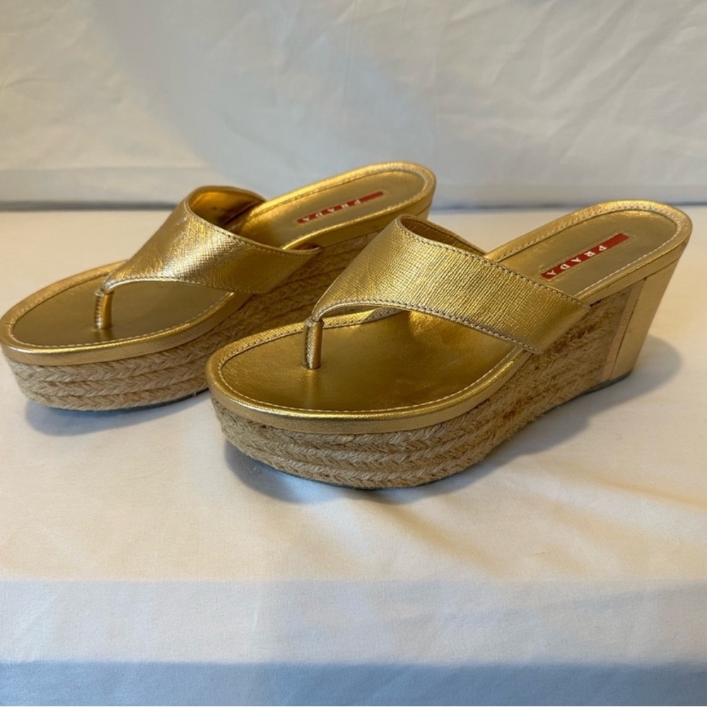 PRADA gold espadrille wedges. Size 6